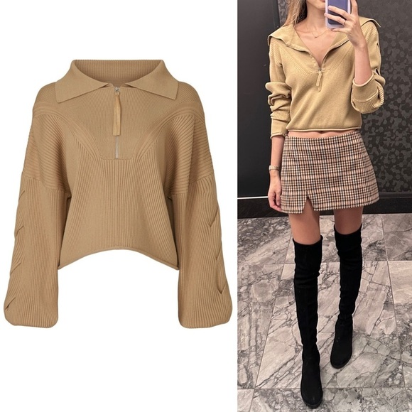 JONATHAN SIMKHAI Wool Blend Rib Knit Braided Sleeve Cropped Zip Polo Sweater M - Picture 10 of 10